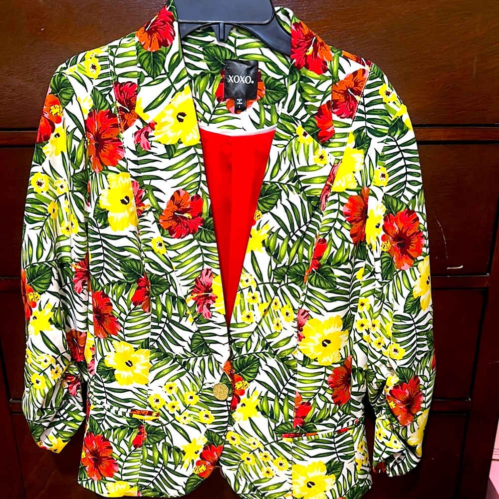 XOXO Tropical Floral Blazer with Red and Yellow
